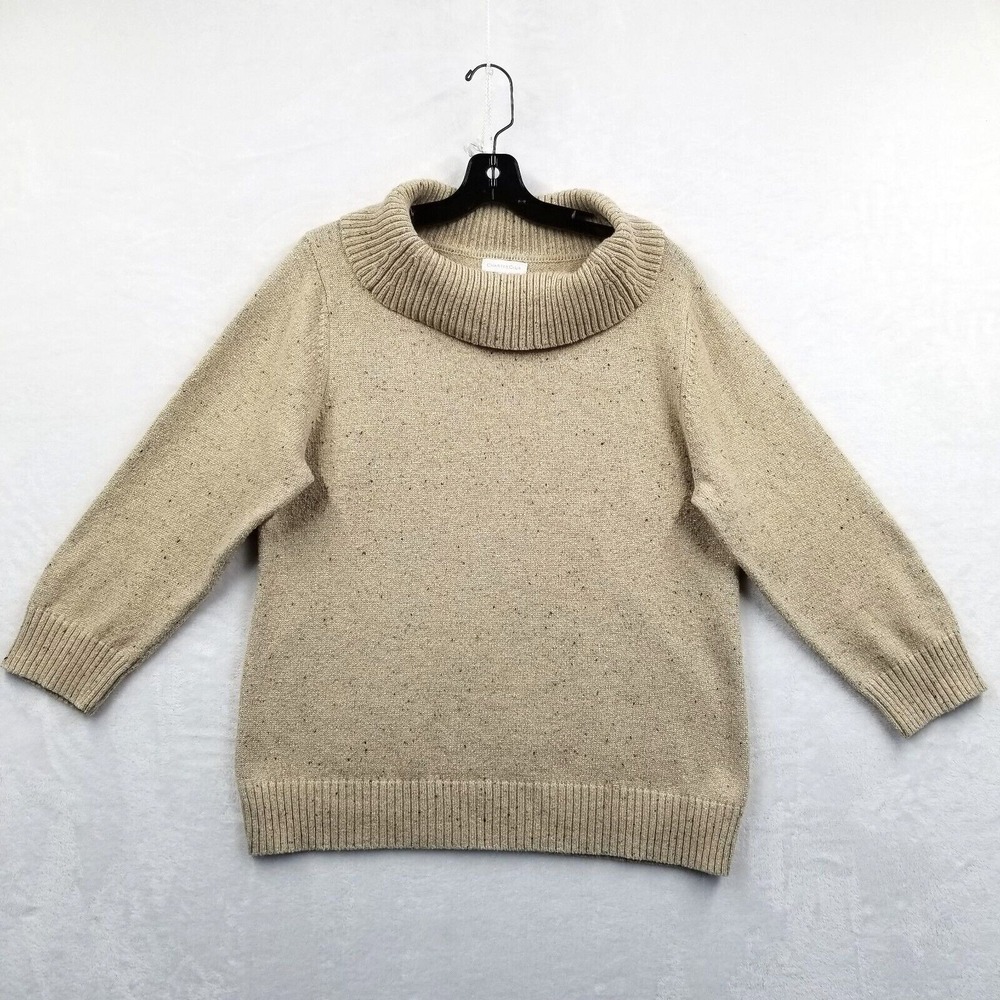 Charter Club Sweater Women XL Beige Metallic Cotton Cowl‎ 3/4 Sleeve Pullover